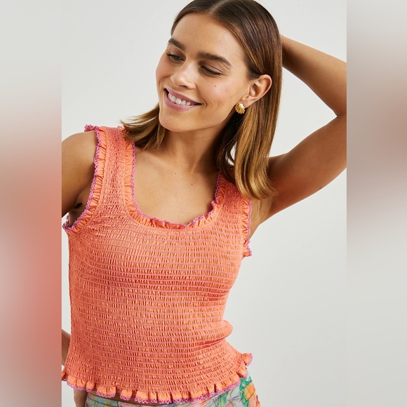 Rails Tops - Rails Orange with Pink Trim Smocked Tank Top